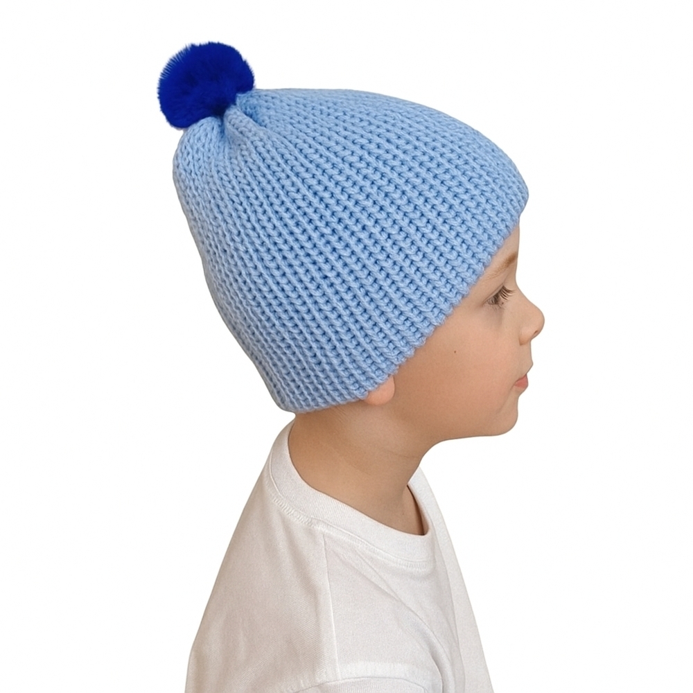𝅺Hand Knit Unisex Child's Light Blue Toque With Faux Fur Pompom